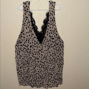 Sleeveless Taupe Leopard Print Lace-Trim Tank Top